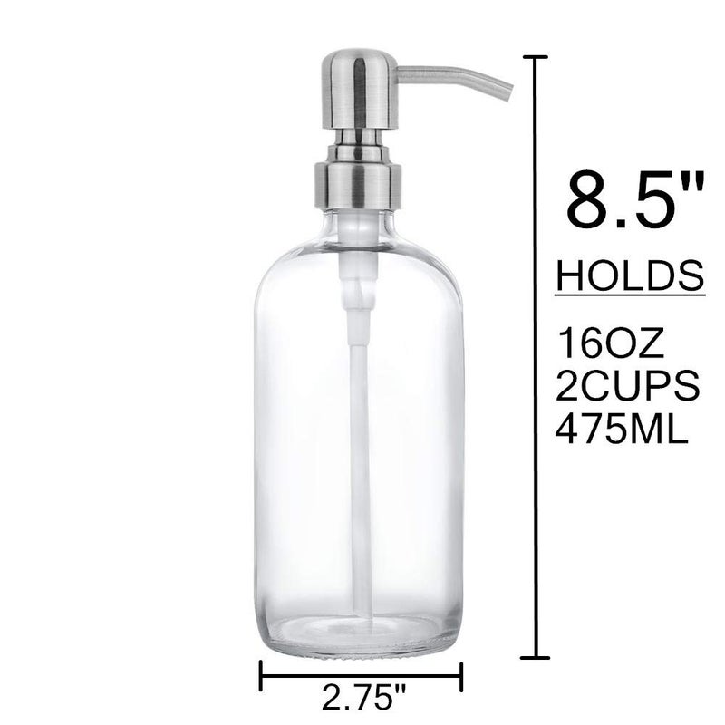 CHBJDAN 2 Pack Thick Clear Glass Pint Jar Soap Dispenser with Silver Stainless Steel Pump, 16ounce Clear Boston Round Bottles Dispenser with Rustproof Pump for Essential Oil, Lotion Soap - Image 4